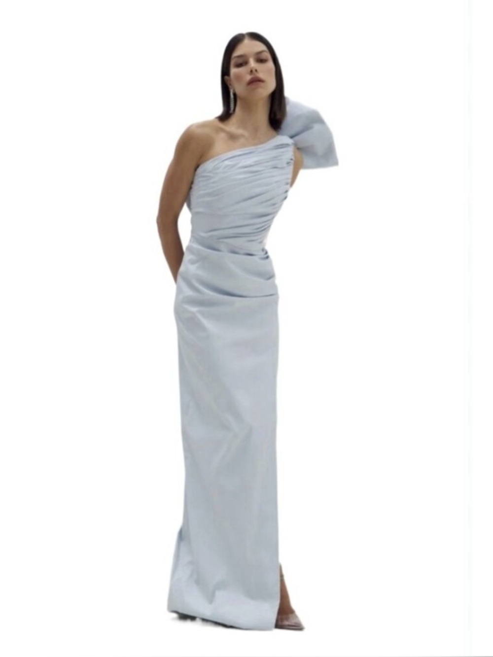 Rachel Gilbert Light Blue One-Shoulder Ruched Gown with Bow